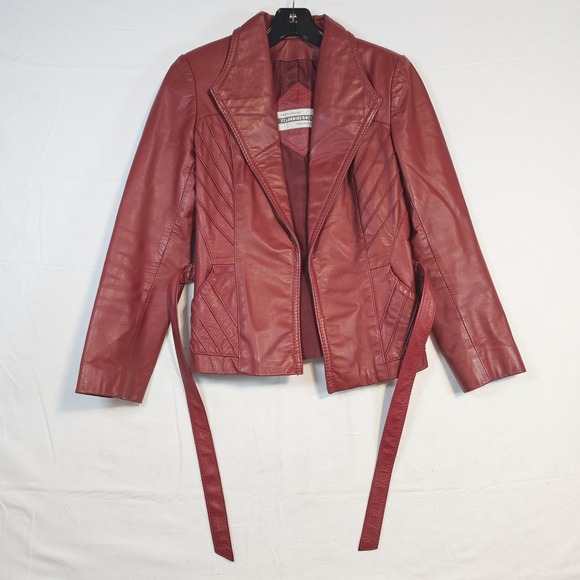 Vintage 70s Red Moto Leather Belted Jacket Western Yoke Indie Women Size 7 - Picture 2 of 11